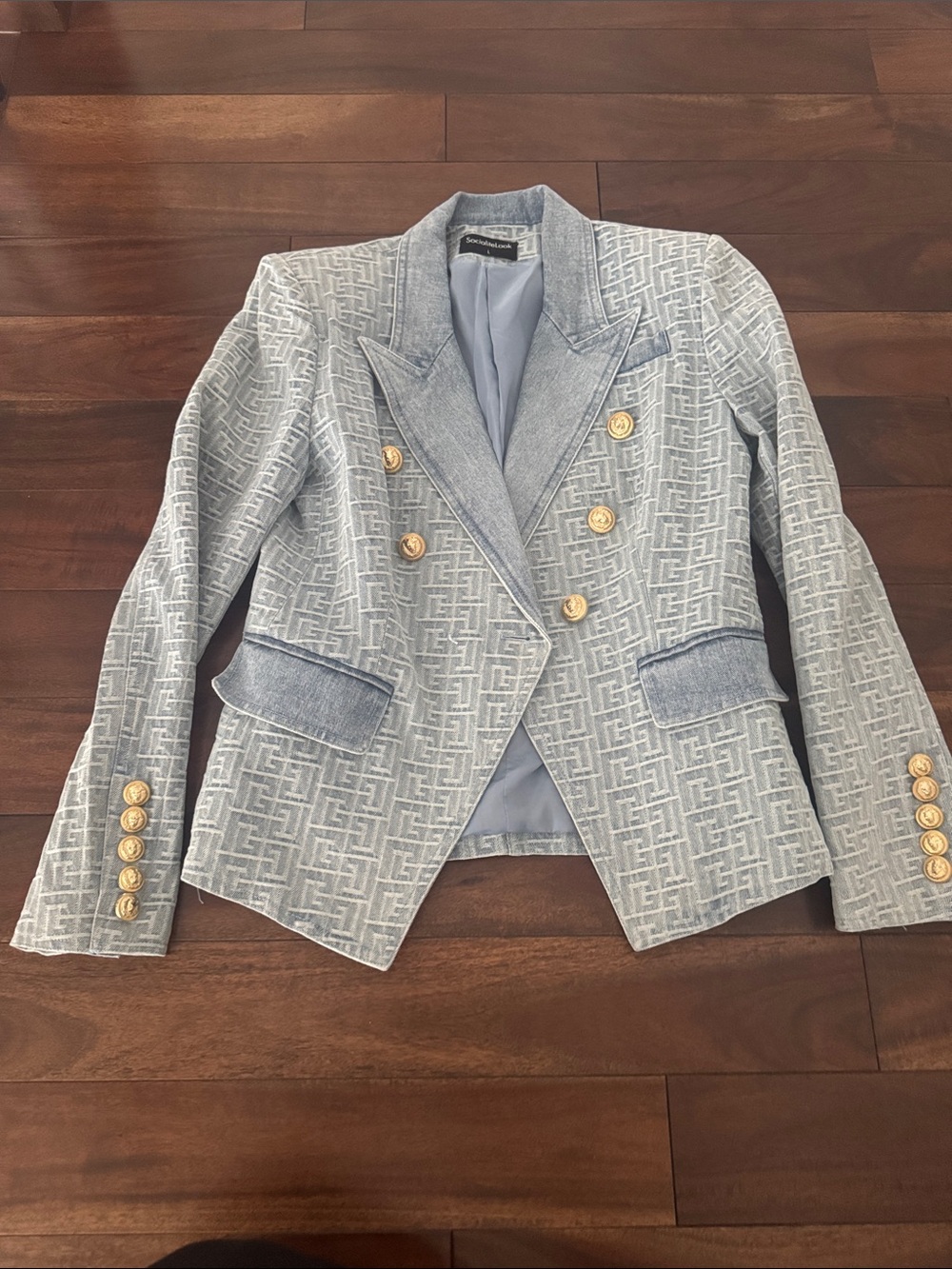 Socialite Light Blue denim Double-Breasted Blazer with Gold Buttons